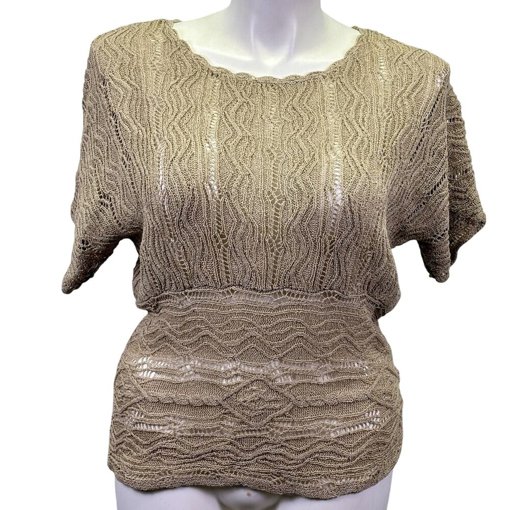 Coldwater Creek Crochet Top Linen Short Ruffle Sleeve Tunic Sweater Size XL (16)